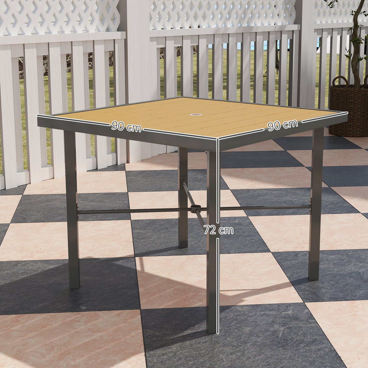 Outsunny Garden Table for 4, 90 cm Rectangular Outdoor Dining Table with 4.2 cm Umbrella Hole, Wood Effect Top, Rust Resistant Frame, for Patio, Balcony, Terrace, Natural Wood Finish