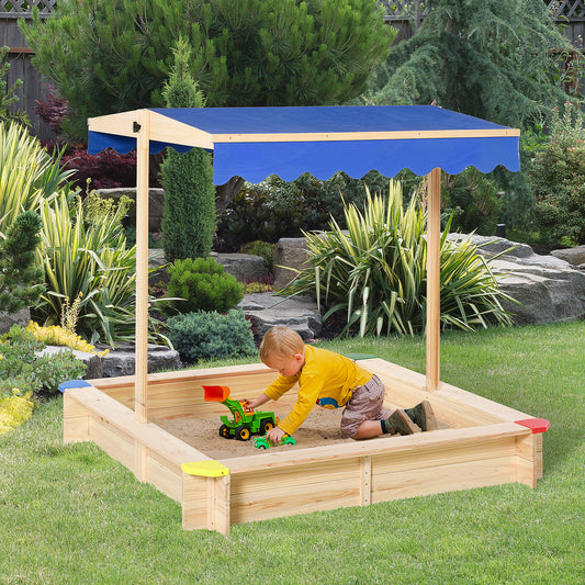 Outsunny Kids Wooden Sand Pit Sandbox Children Square Outdoor Playset Adjustable Canopy Bench Seat 120x120x120cm