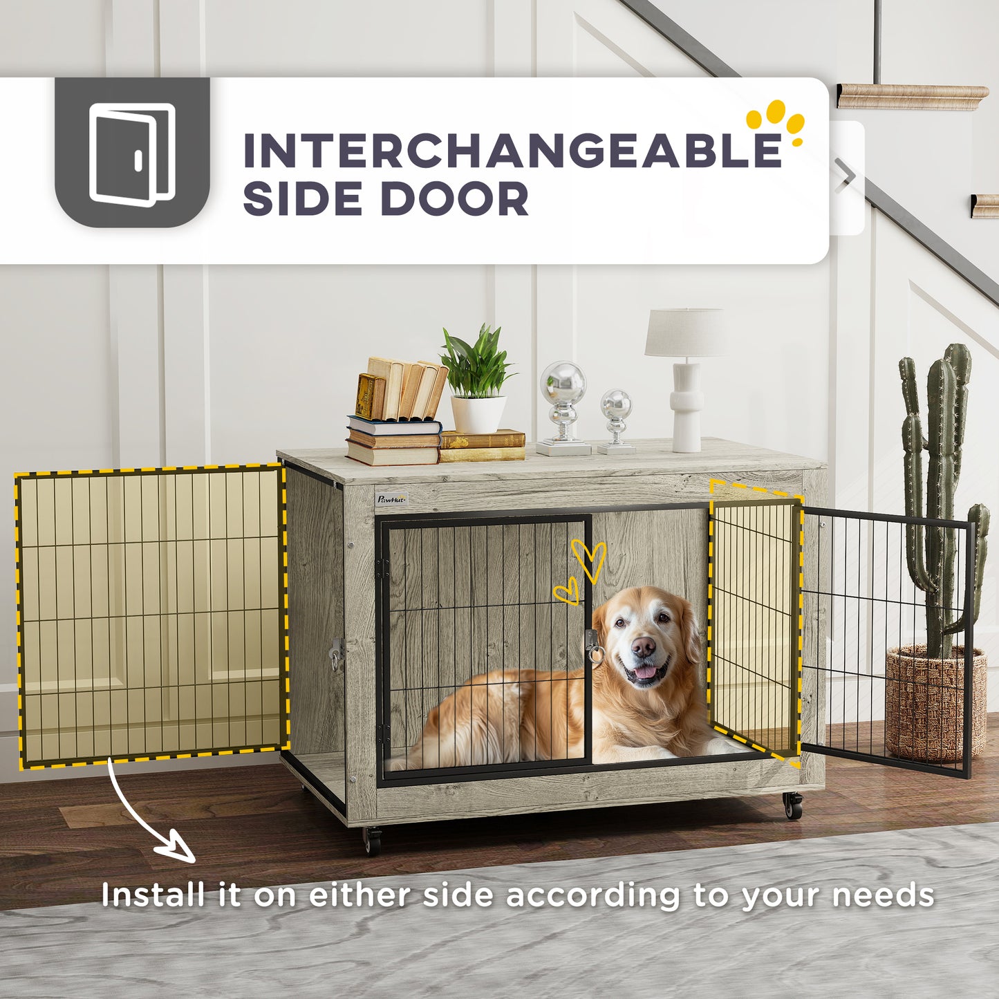 PawHut Dog Crate Furniture with Wheels, Double Doors, for Large Dogs, Grey
