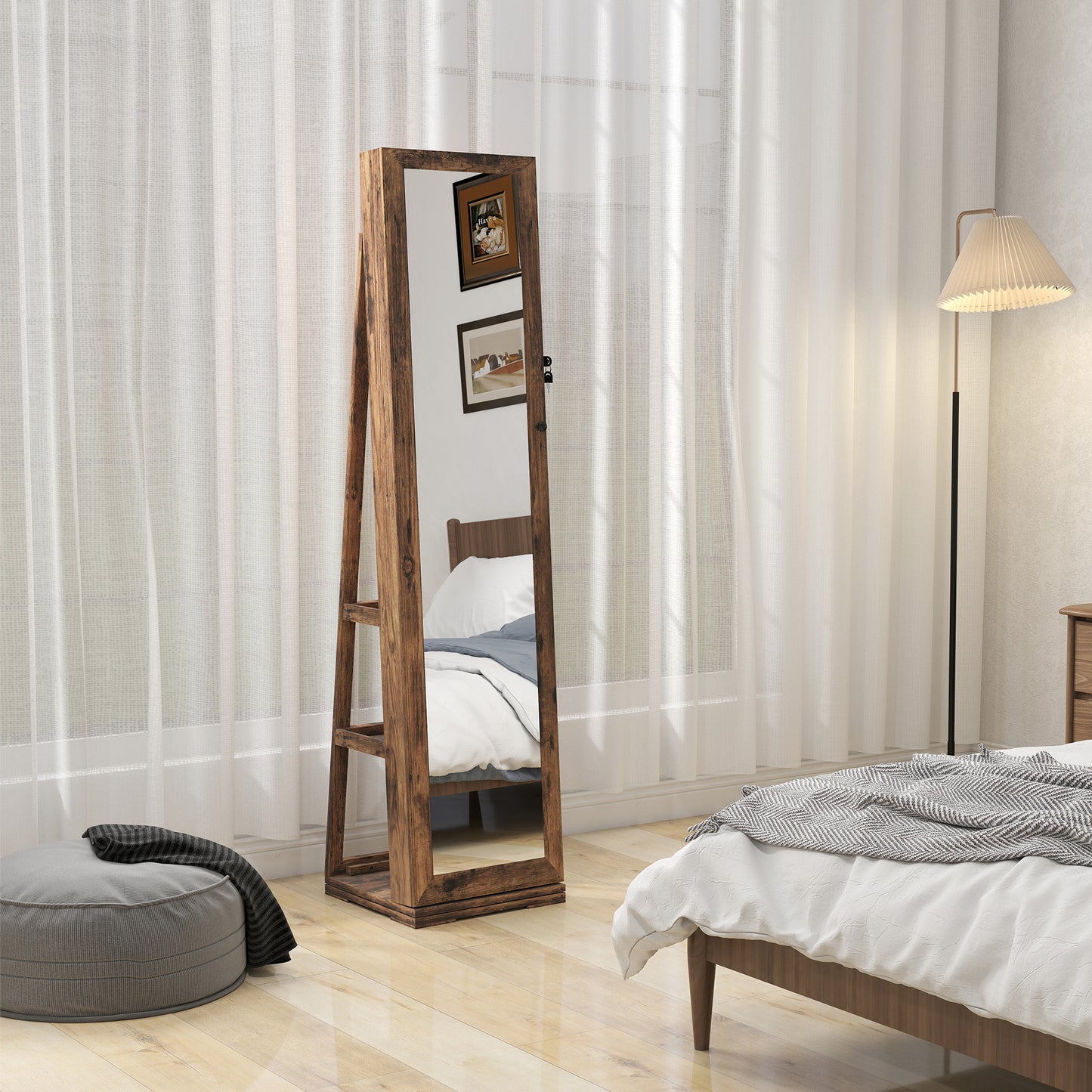 HOMCOM 360° Swivel Jewellery Cabinet, Free Standing Full Length Mirror with Storage, Lockable Jewellery Organiser with Built-in Makeup Mirror and Storage Shelves for Bedroom, Rustic Brown