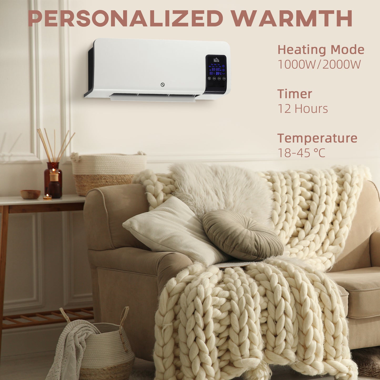 HOMCOM 2000W Wall-Mounted Heater, 18-45°C Temperature, White