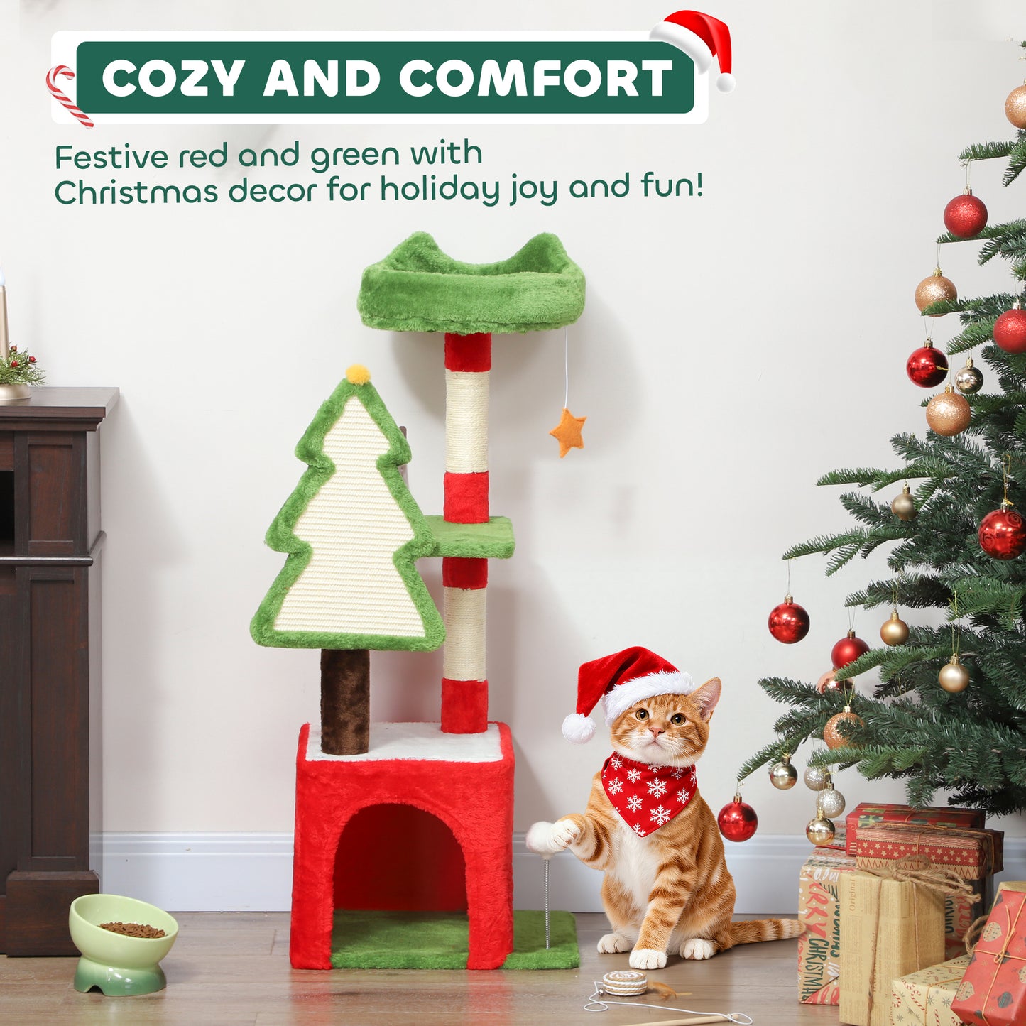 PawHut Christmas Cat Tree, 120cm Cat Tower with Scratching Post & Board, Platform, Toys, Green