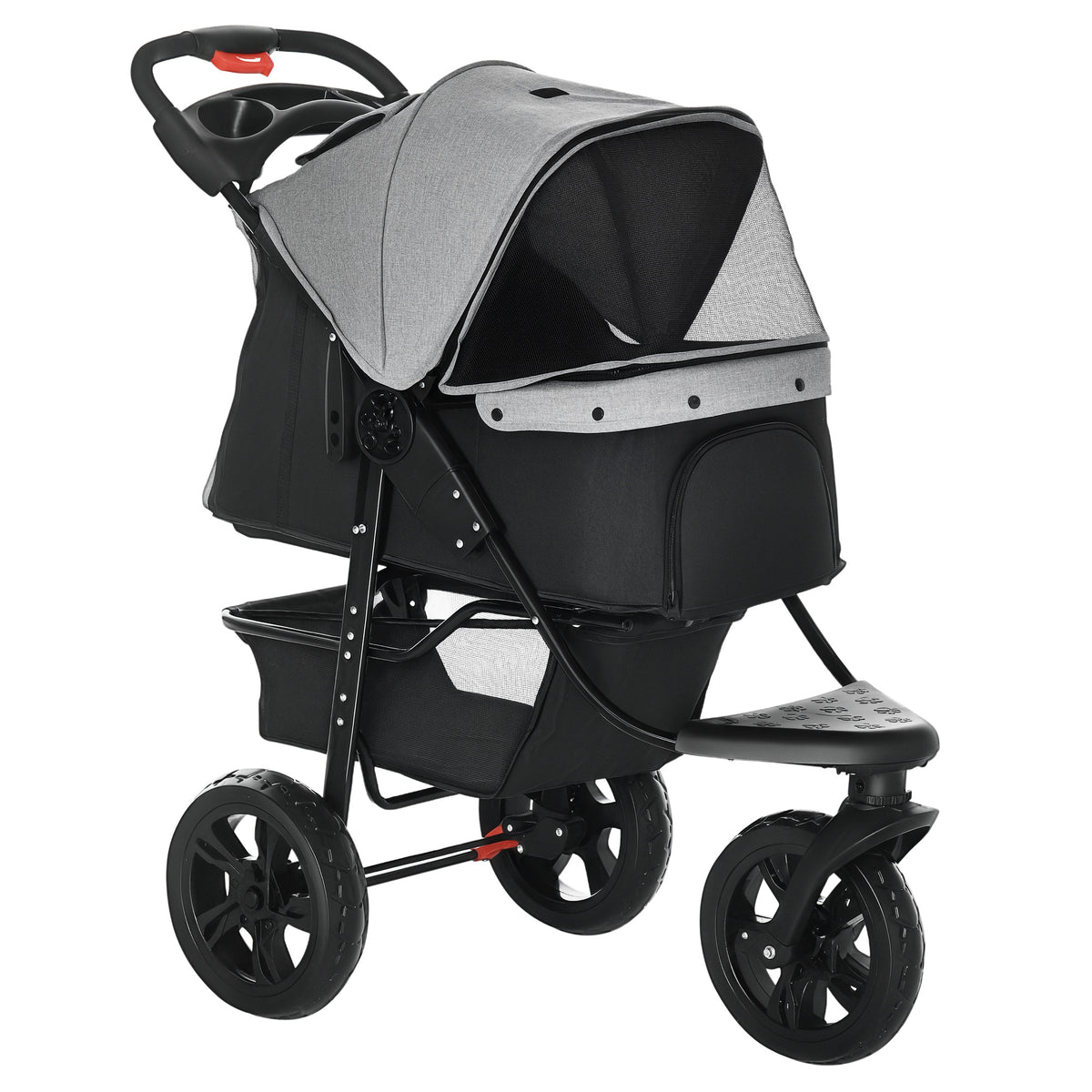 PawHut Dog Stroller Pram, 3-Wheel Foldable Pet Stroller with Invisible Sky Roof, for Small Dogs & Cats, Red