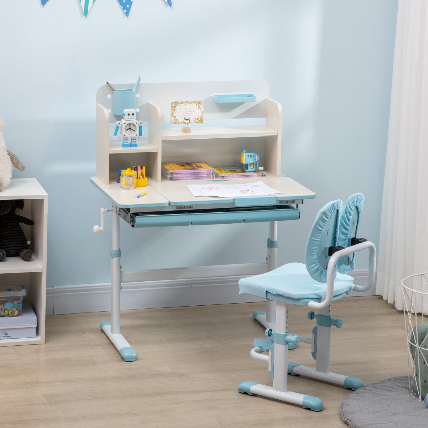 HOMCOM Kids Desk and Chair Set, with Storage Shelves, Washable Cover, for Ages 3-12 Years - Blue