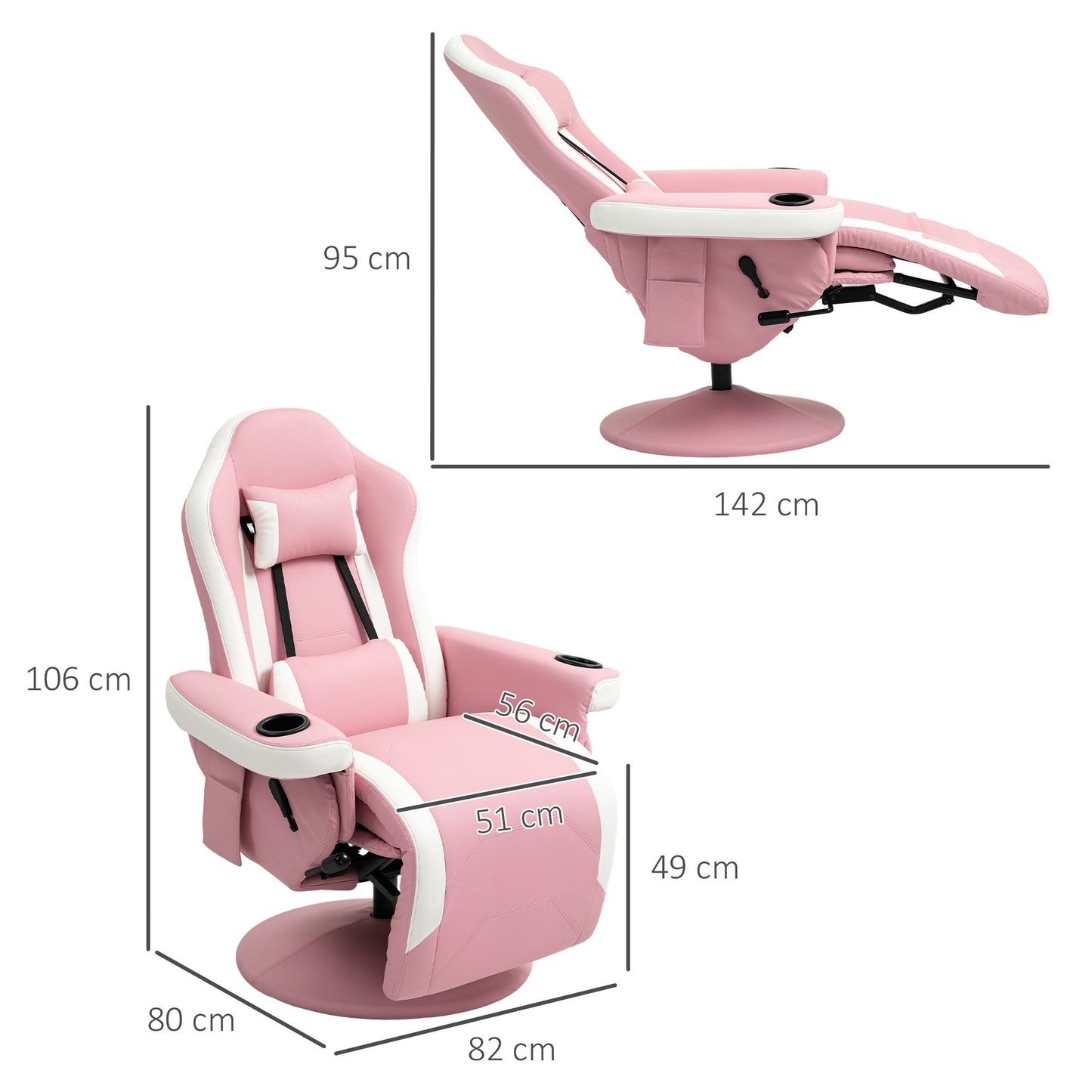 HOMCOM Manual Recliner Armchair PU Leather Lounge Chair w Adjustable Leg Rest, 135° Reclining Function, 360° Swivel, Pink
