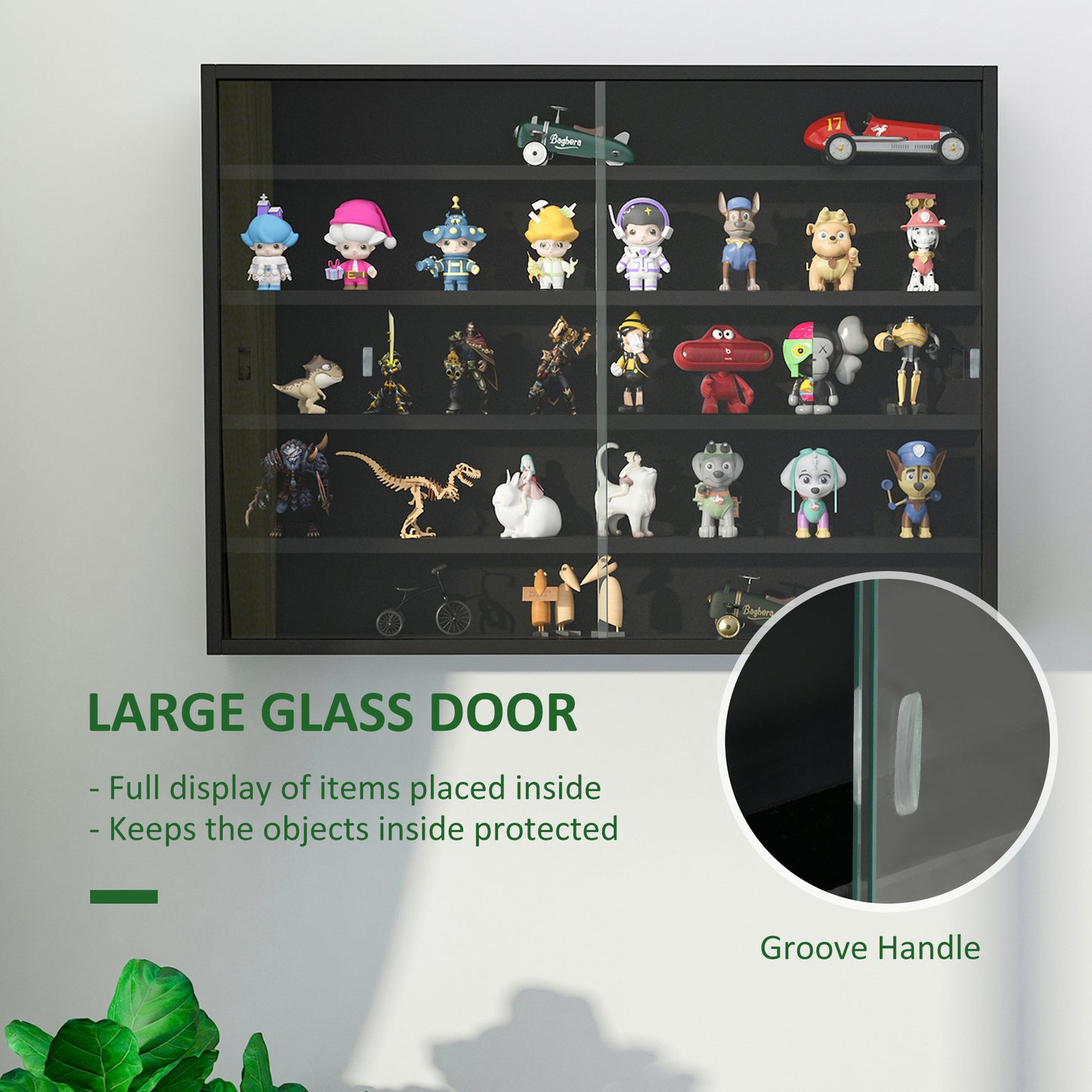 HOMCOM 5-Tier Wall Display Shelf Unit Cabinet w/ 4 Adjustable Shelves Glass Doors Home Office Ornaments 60x80cm Black