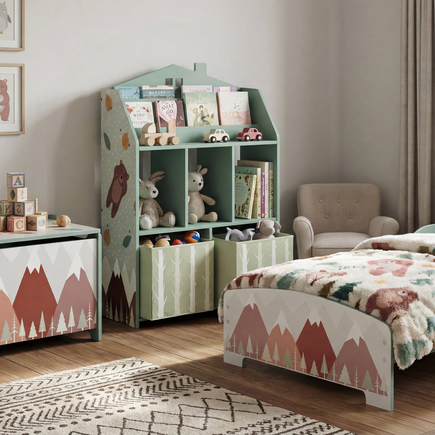 AIYAPLAY Kids Bookshelf with Storage, Toy Storage Unit with Book Display, Shelves and Fabric Drawers for Playroom Nursery, Green