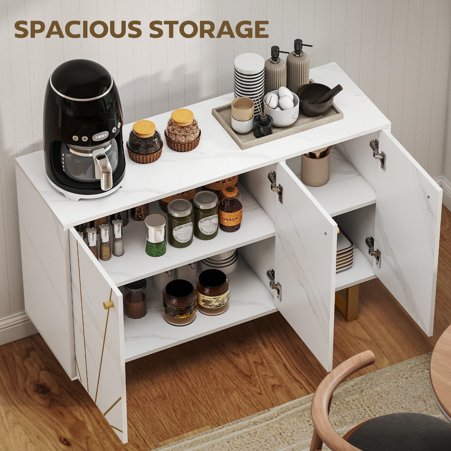 HOMCOM Sideboard Storage Cabinet, Modern Storage Cupboard with Adjustable Shelves and Metal Legs for Living Room, Kitchen, Dining Room, Entryway, White Marble Tone