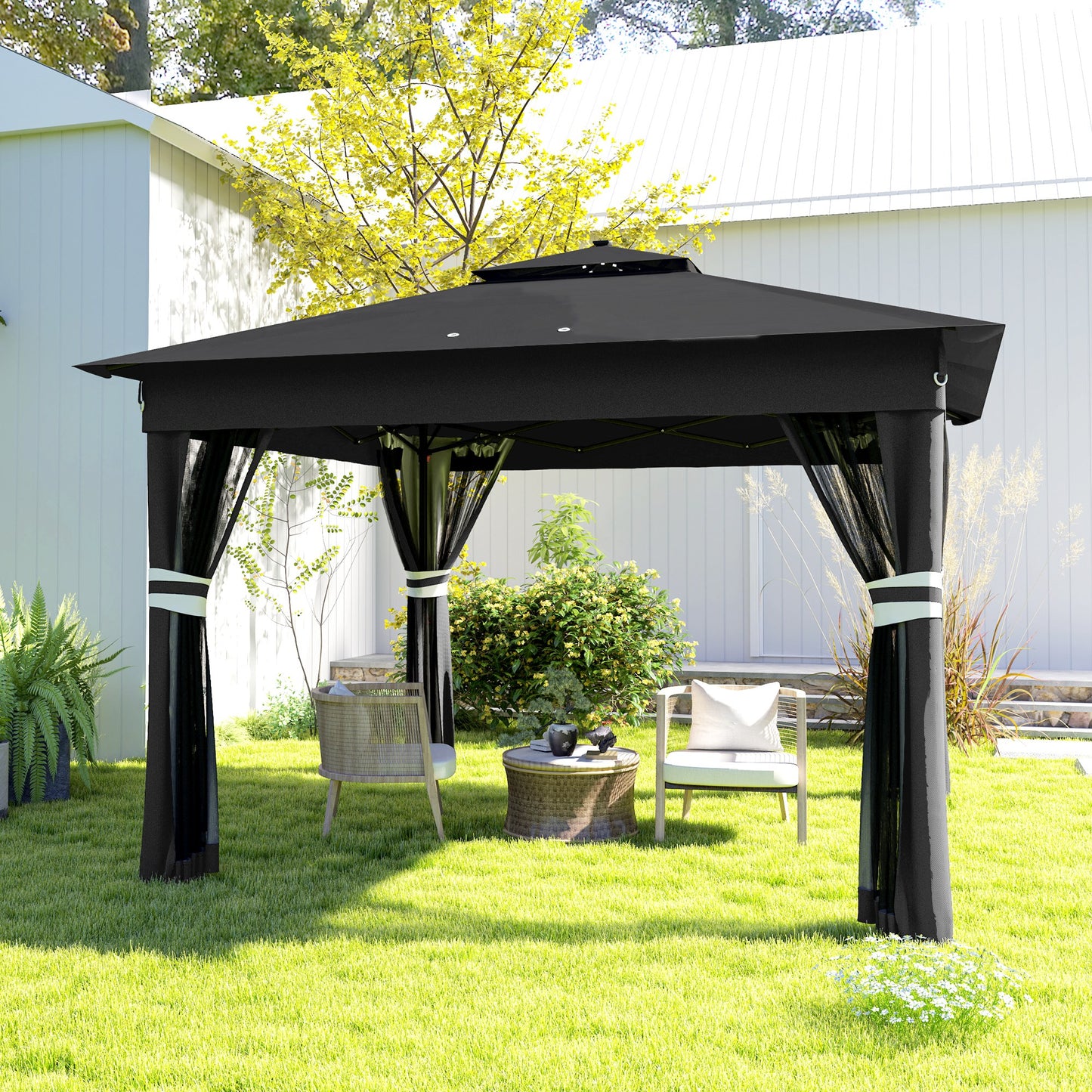 Outsunny 3.36 x 3.36m Pop Up Gazebo Party Tent with Solar-Powered LED Lights, Adjustable Event Shelter with Netting, Black