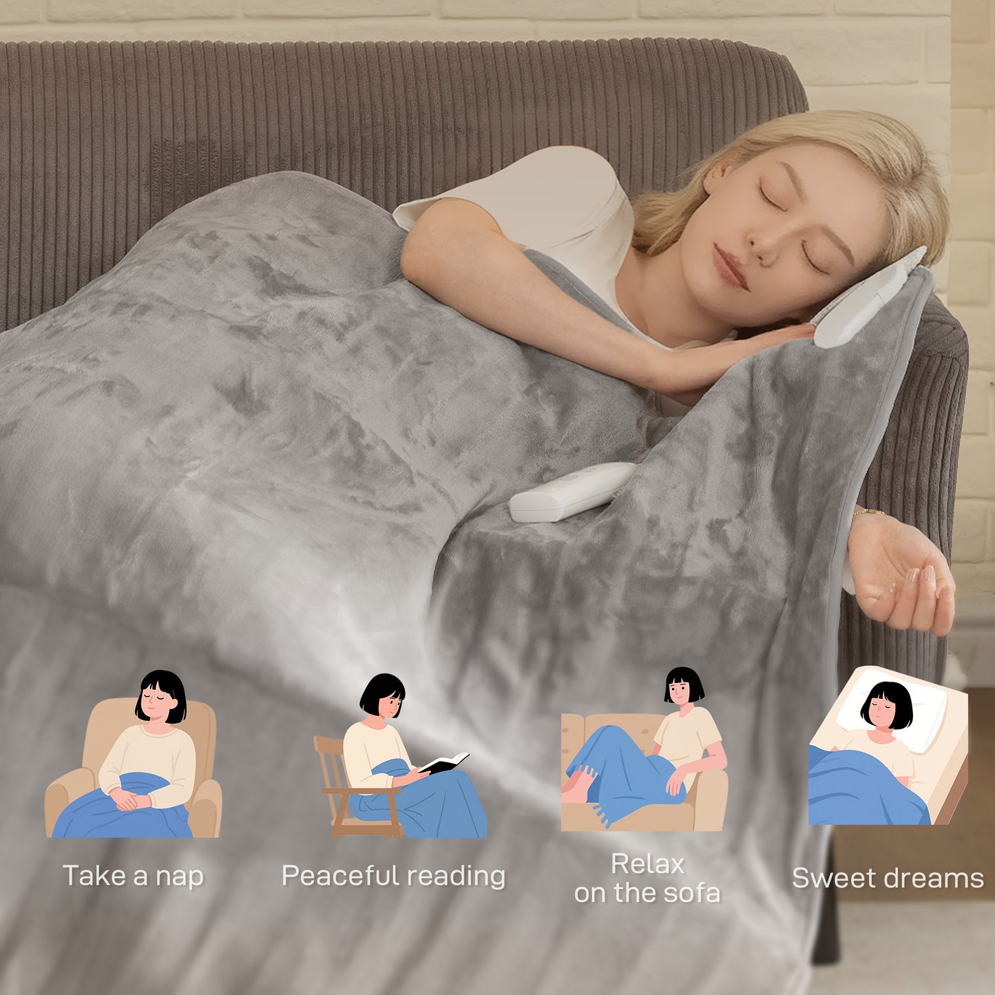 HOMCOM Electric Blanket with Dual Controllers, Machine Washable Heated Throw Blanket with Ultra Soft Flannel Fabric, 5 Heating Levels, 10 Hour Timer, Grey