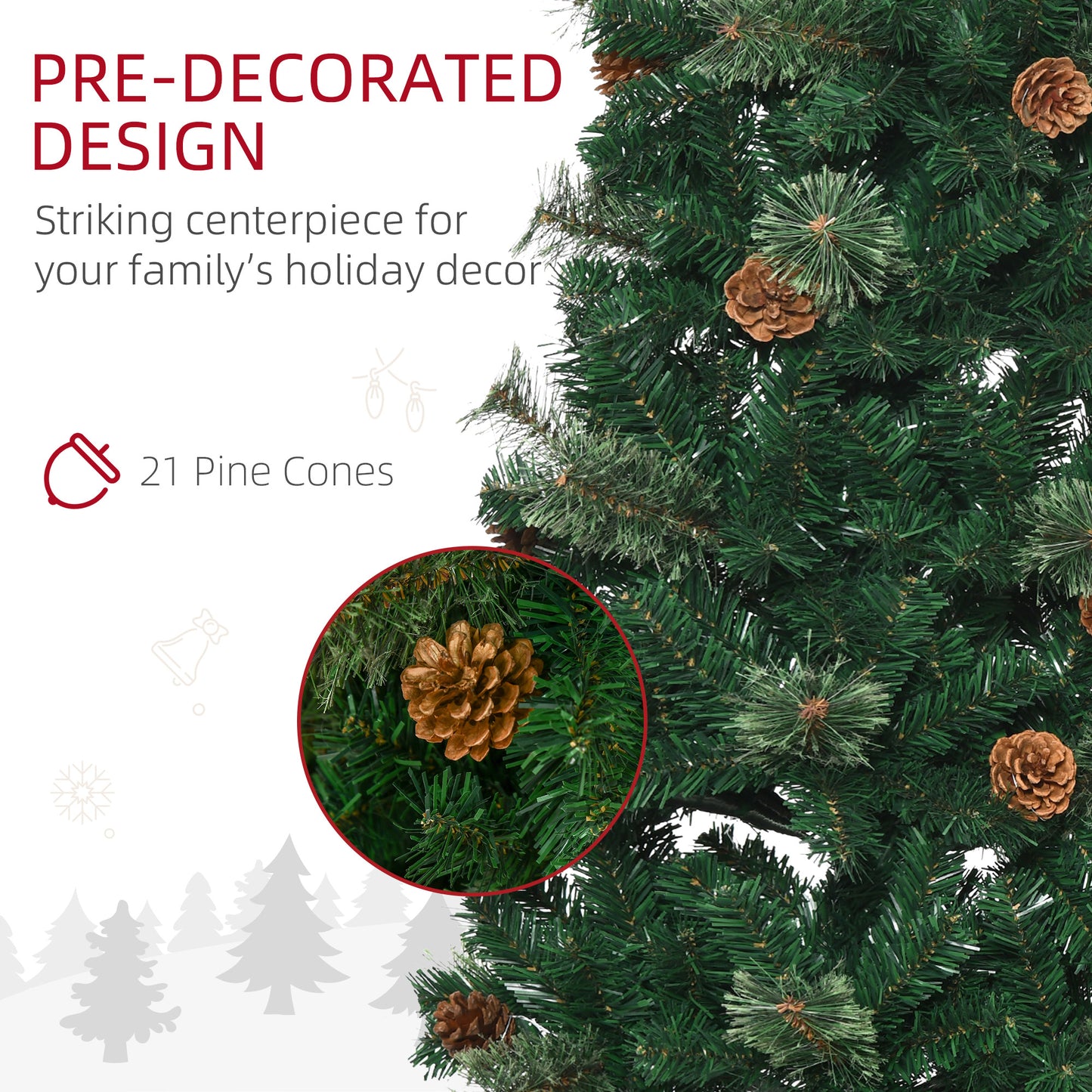 HOMCOM 5.5FT Tall Pencil Slim Artificial Christmas Tree with Realistic Branches, Tip Count and Pine Cones, Pine Needles Tree, Xmas Decoration, Green