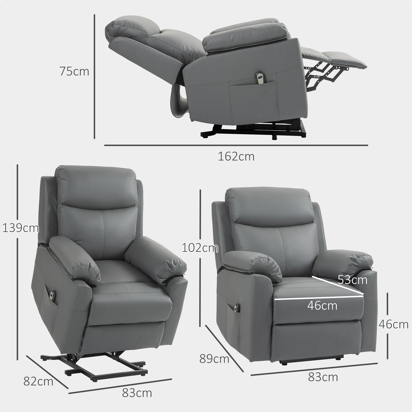 HOMCOM Faux Leather 70° Electric Riser Recliner Chair, Charcoal Grey