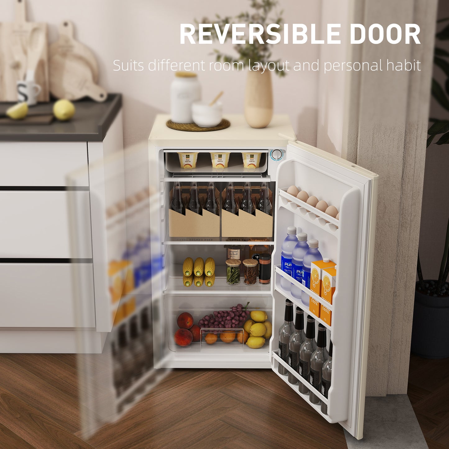 HOMCOM 91 Litre Freestanding Under Counter Fridge Freezer, Small Fridge with Chiller Box, Adjustable Thermostat, 47.5cm Wide, Beige