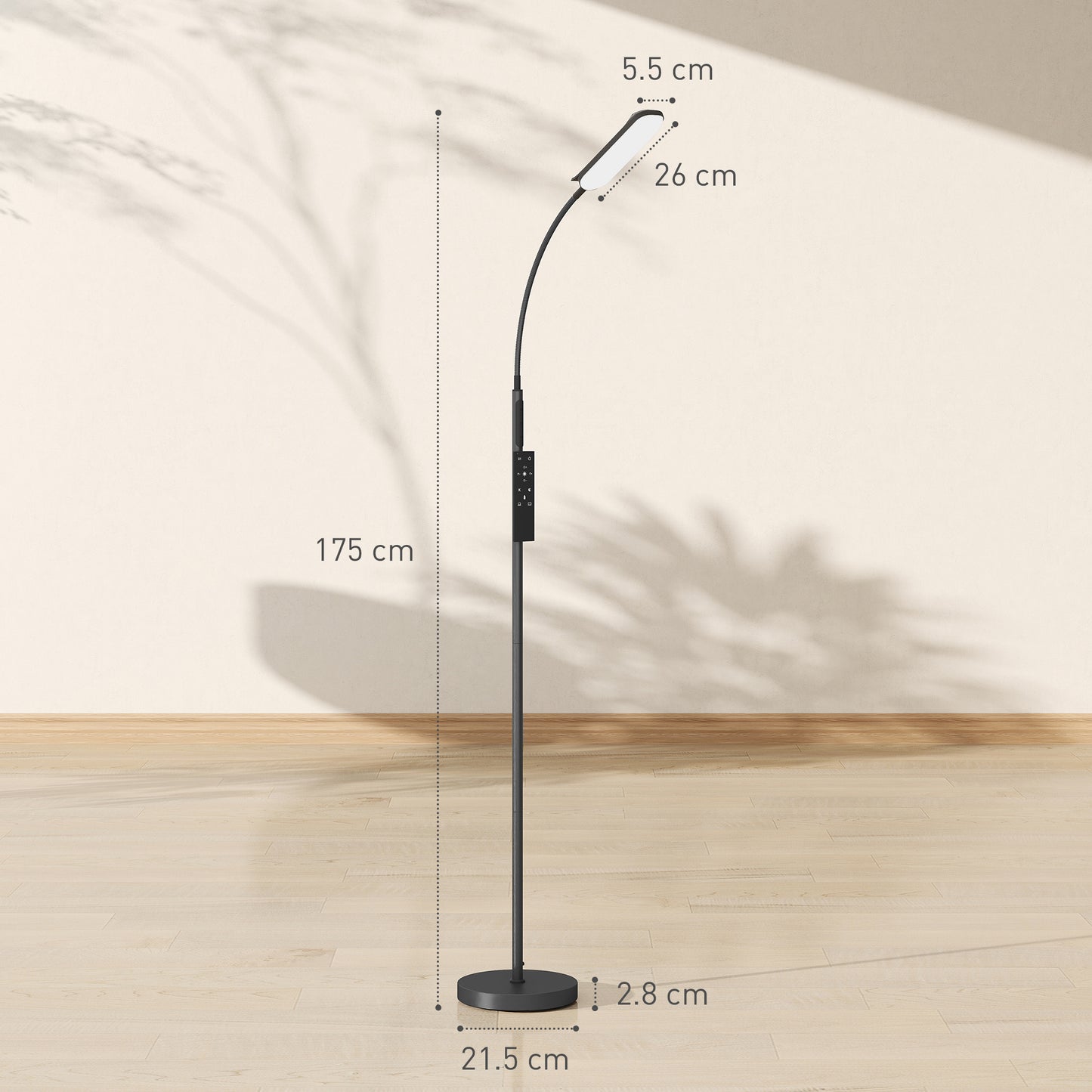 HOMCOM LED Floor Lamp, Standing Lamp with Remote & Touch Control, Stepless Dimmable Colours Temperature & Brightness, 360° Adjustable Gooseneck, 1 Hour Timer, Memory Function for Living Room, Black