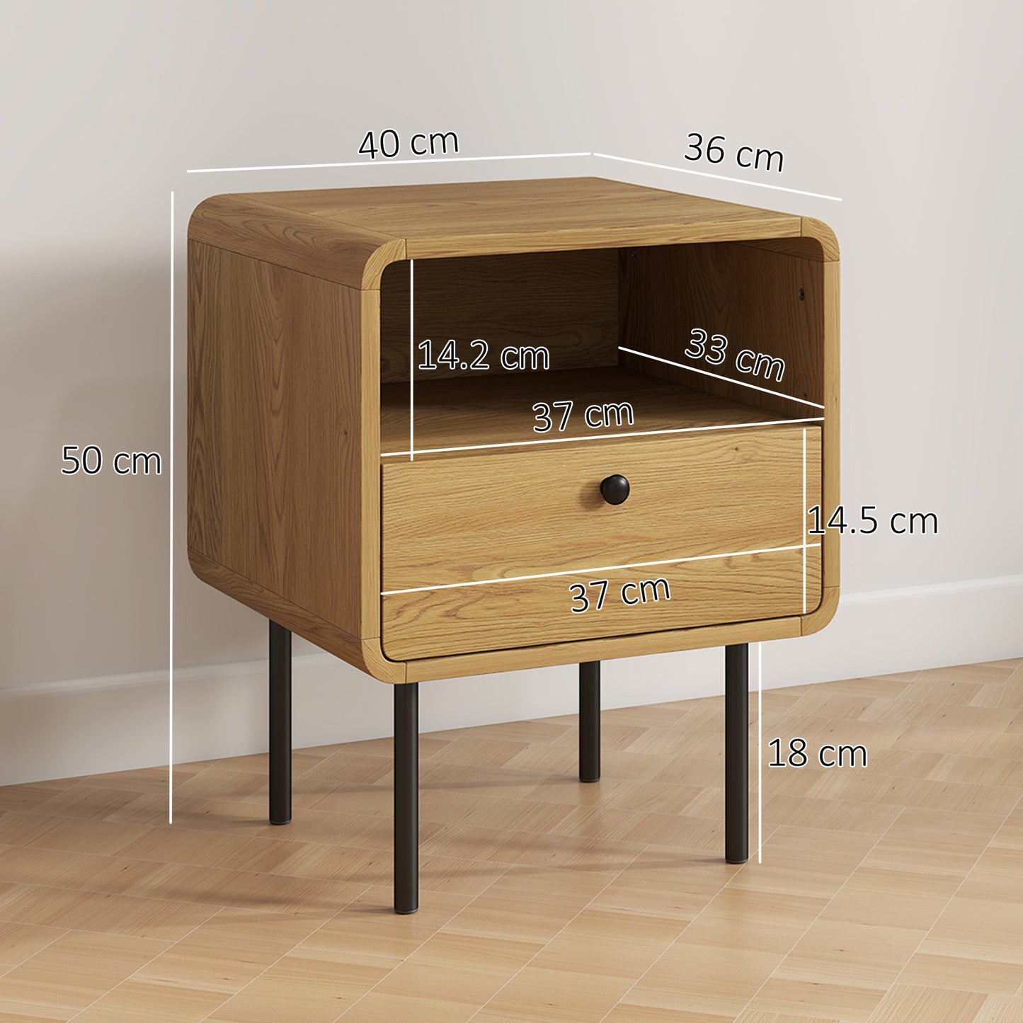 HOMCOM Bedside Table with Drawer and Open Shelf - Oak