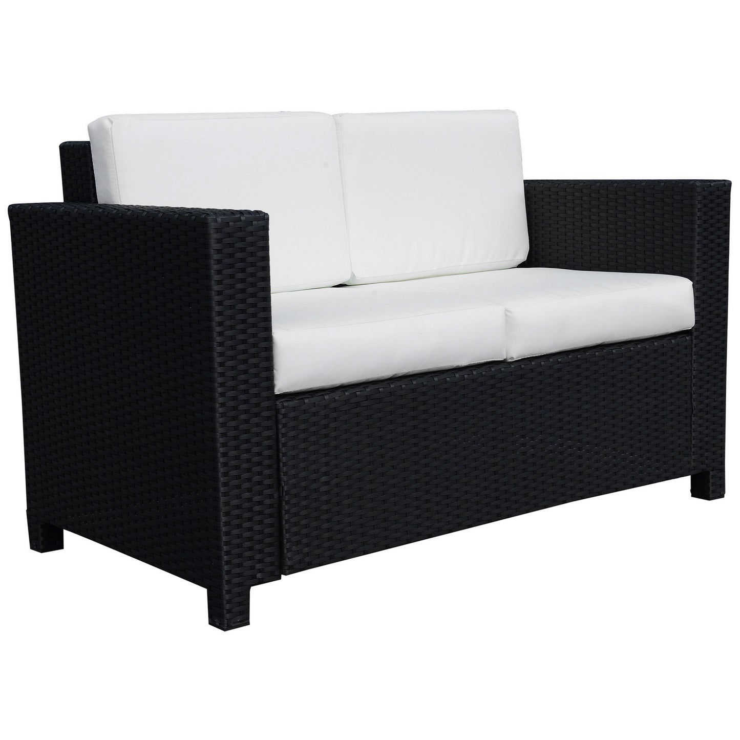 Outsunny Rattan Sofa, 2 Seater Garden Furniture with Soft Padded Cushion and Armrests, Wicker Garden Loveseat for Patio, Black