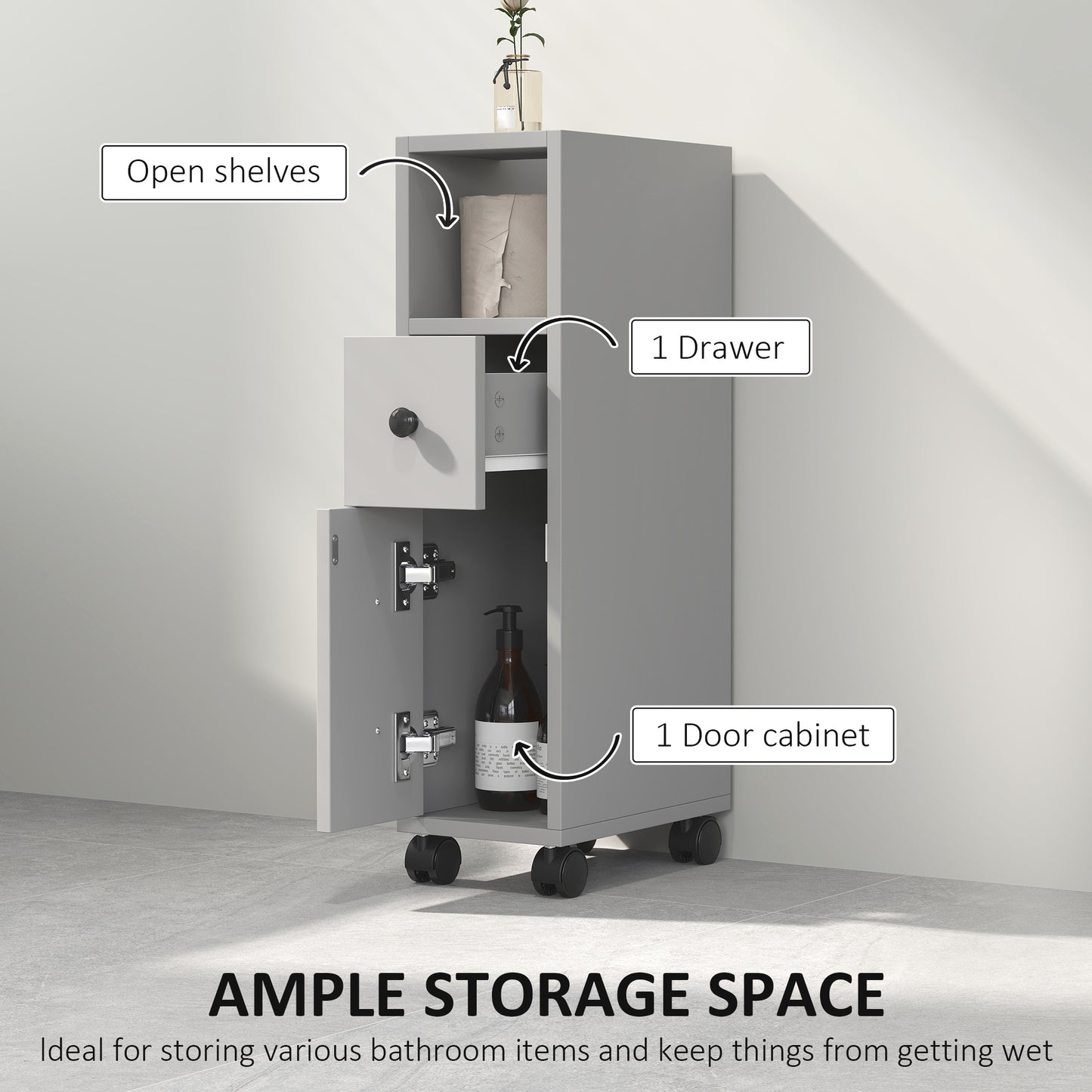 kleankin Slimline Bathroom Storage Cabinet - Grey