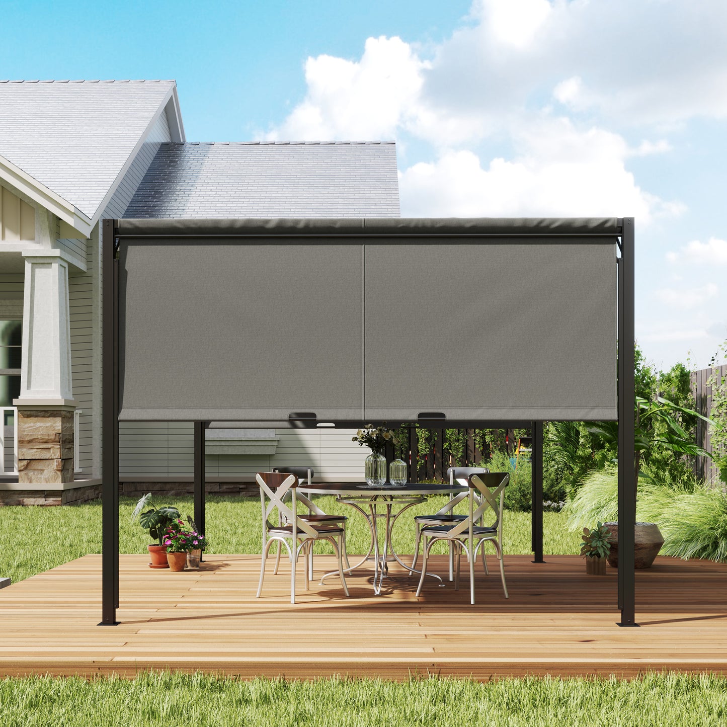 Outsunny 3 X 3 Meters Pergola with Sliding Roof, Garden Gazebo with Adjustable Sun Shade Canopy and Steel Frame, Charcoal Grey