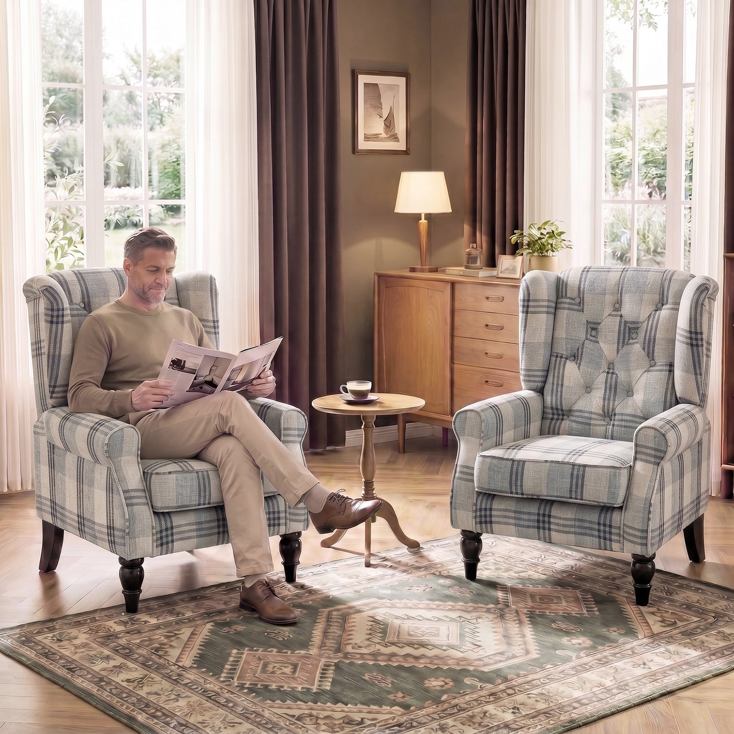 HOMCOM Faux Linen Armchair with Thick Spring Cushion, Wingback Accent Chair with High Back, Solid Wood Legs, Mixed Plaid