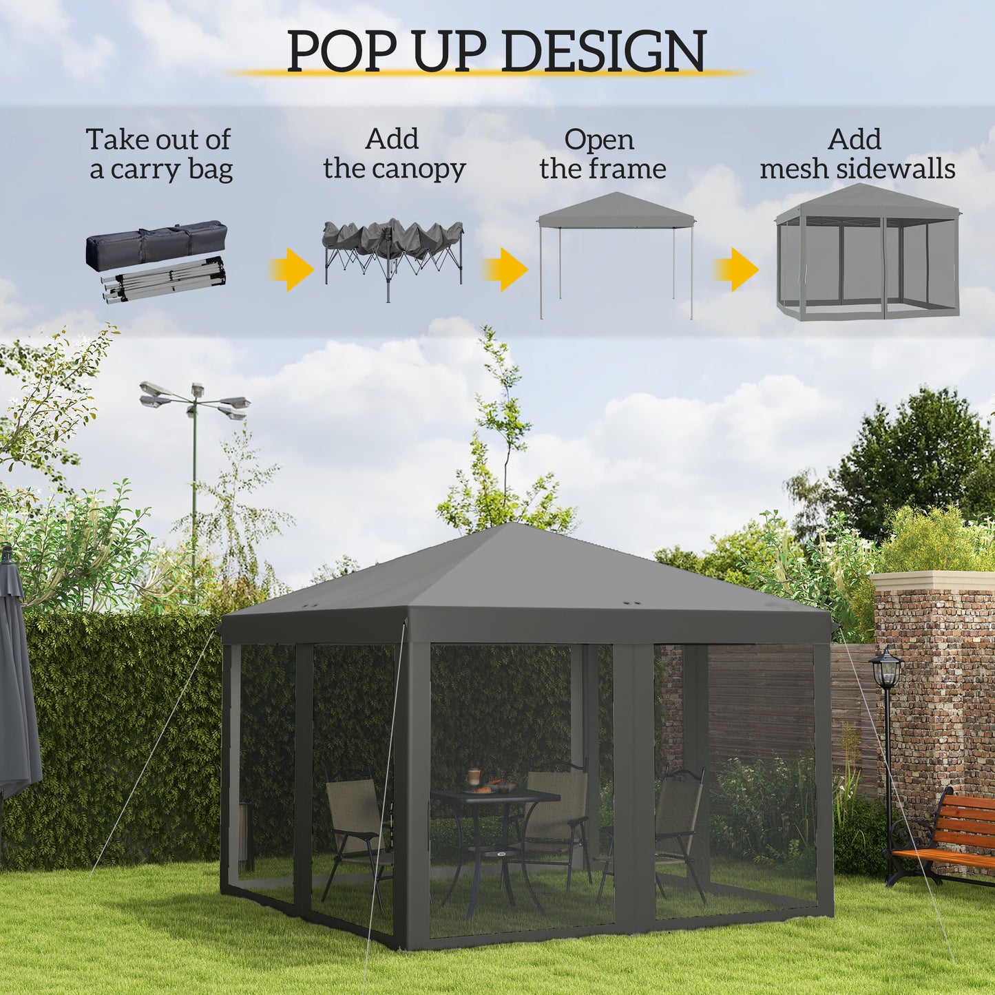 Outsunny 3 x 3Â m Pop Up Gazebo, 420D Garden Tent Canopy with Removable Mesh Sidewall Netting, Carry Bag for Garden Patio Outdoor, Light Grey