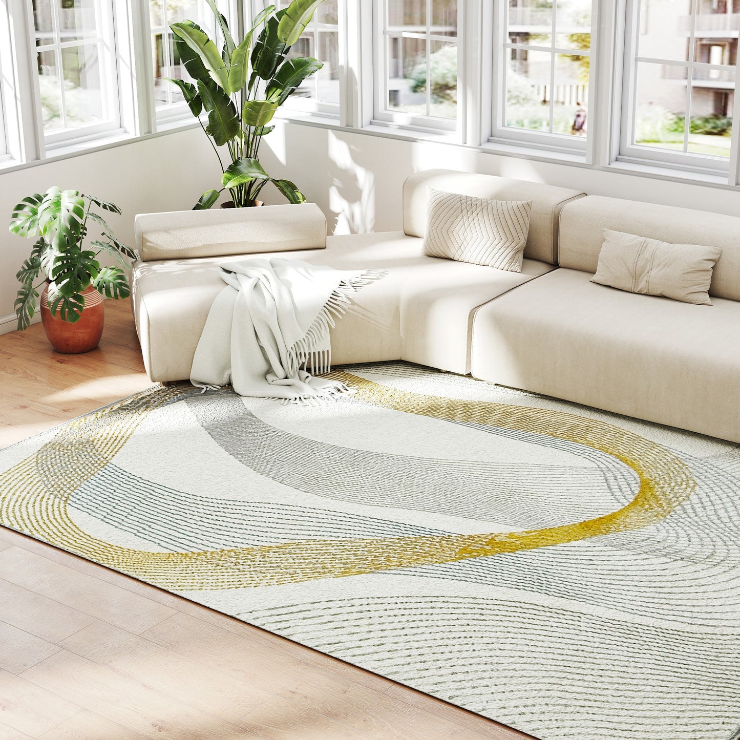 HOMCOM Modern Area Rug, Machine Washable Rug, Allergy-Friendly Floor Carpet for Living Room, Bedroom, Dining Room, Home Office, 230 x 160 cm, Cream White