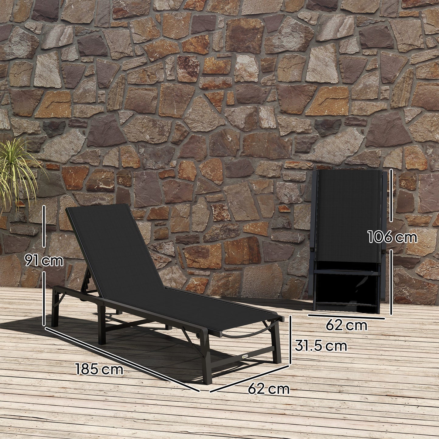Outsunny Folding Sun Lounger Set of 2, 5-Position Adjustable Reclining Garden Loungers, Garden Chaise Lounge Sunbed Recliner Chairs with Steel Frame for Beach, Porch, Patio, Camping, Black