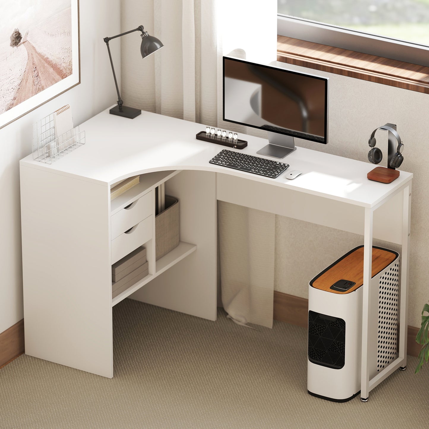 HOMCOM L Shaped Desk, 120cm Computer Desk, Corner Desk with 2 Drawers and 3 Storage Compartments for Home Office, Study Workstation, White