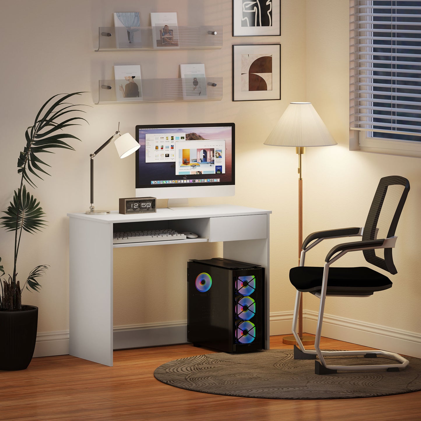 HOMCOM 100cm Compact Computer Desk with Keyboard Tray, Home Office Desk with Drawer for Bedroom Study, White