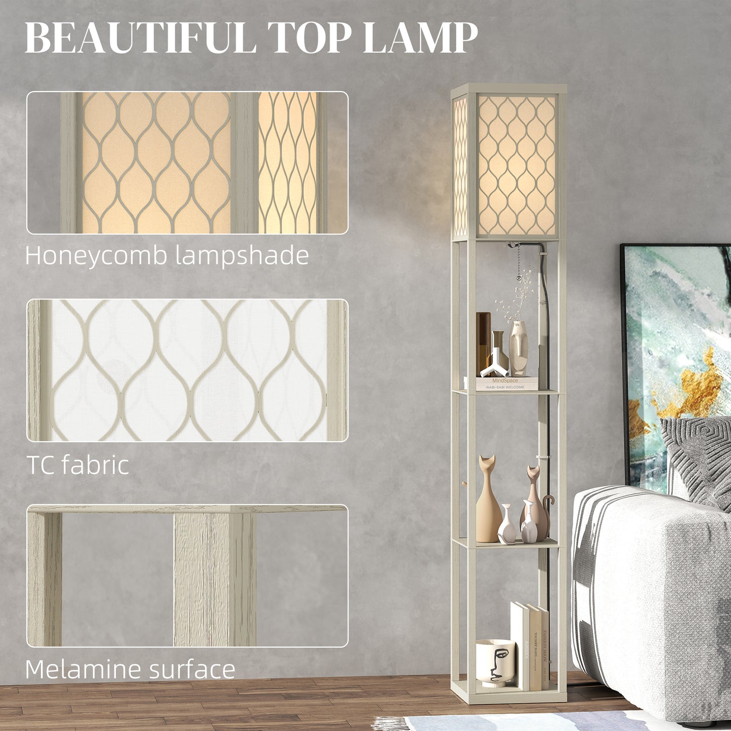HOMCOM Three-Shelf Standing Lamp - Oak/White
