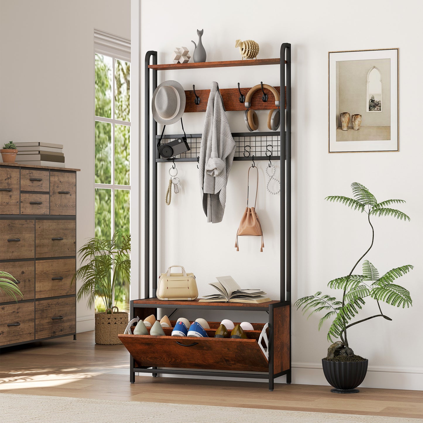 HOMCOM 5-In-1 Industrial-Style Hallway Tree - Brown/Black