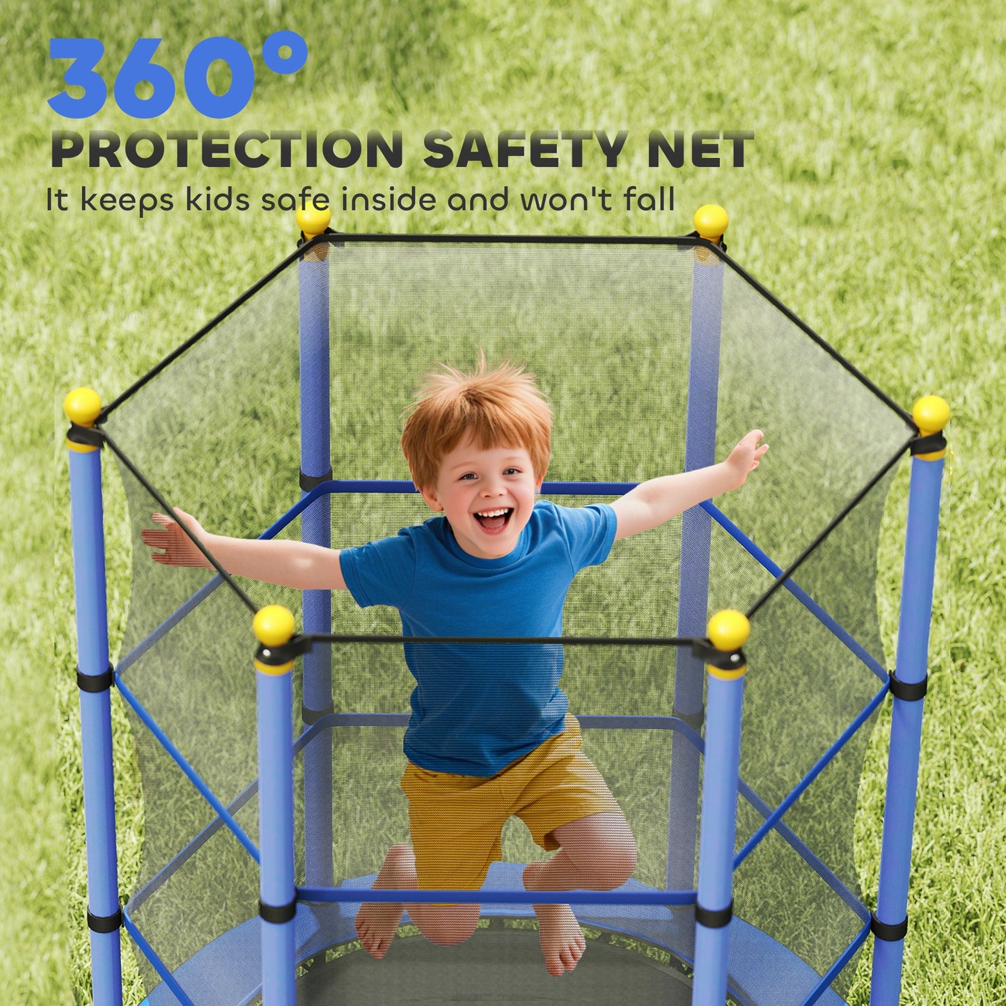 HOMCOM 4.6FT/55" Kids Trampoline with Safety Enclosure, Outdoor Indoor Use, for Ages 3-10 Years, Blue