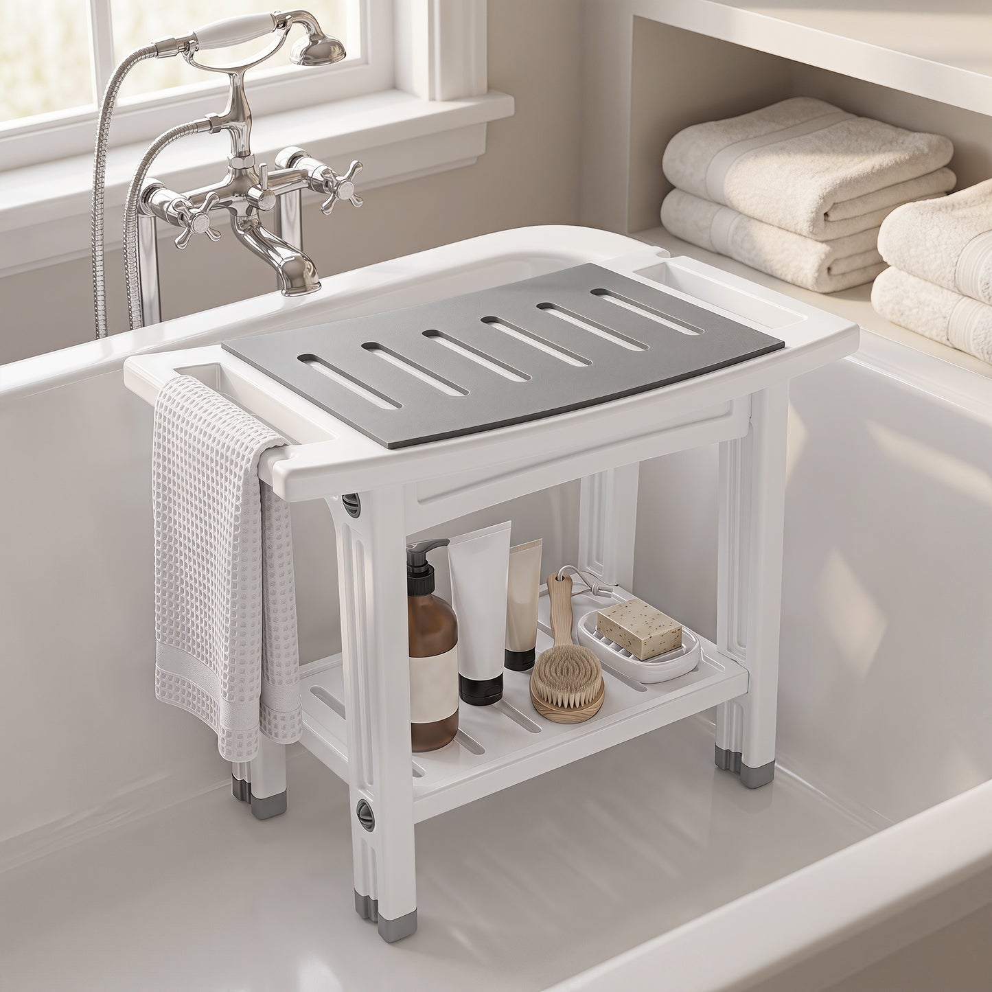 HOMCOM Shower Bench 2-Tier Shower Stool Bathroom with Shelf White and Grey
