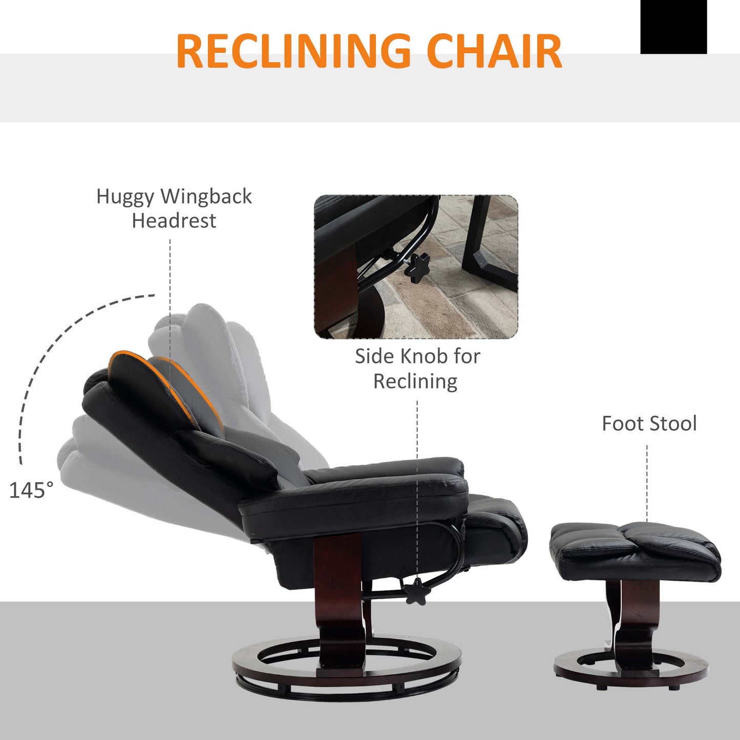 HOMCOM 360° Swivel Recliner Chair with Footstool, PU Leather Manual Recliner Armchair with Footstool, Solid Wood Base, Upholstered Reclining Chair for Living Room, Bedroom, Office, Black