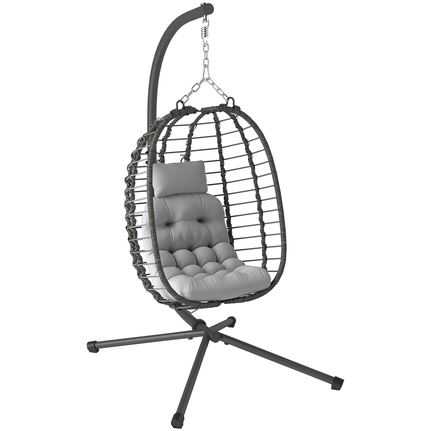 Outsunny Rattan Hanging Egg Chair, Foldable Wicker Hammock Swing Chair with Cushion, Stand, Adjustable Height, Head Pillow, Steel Frame for Garden Patio Indoor Outdoor, Light Grey