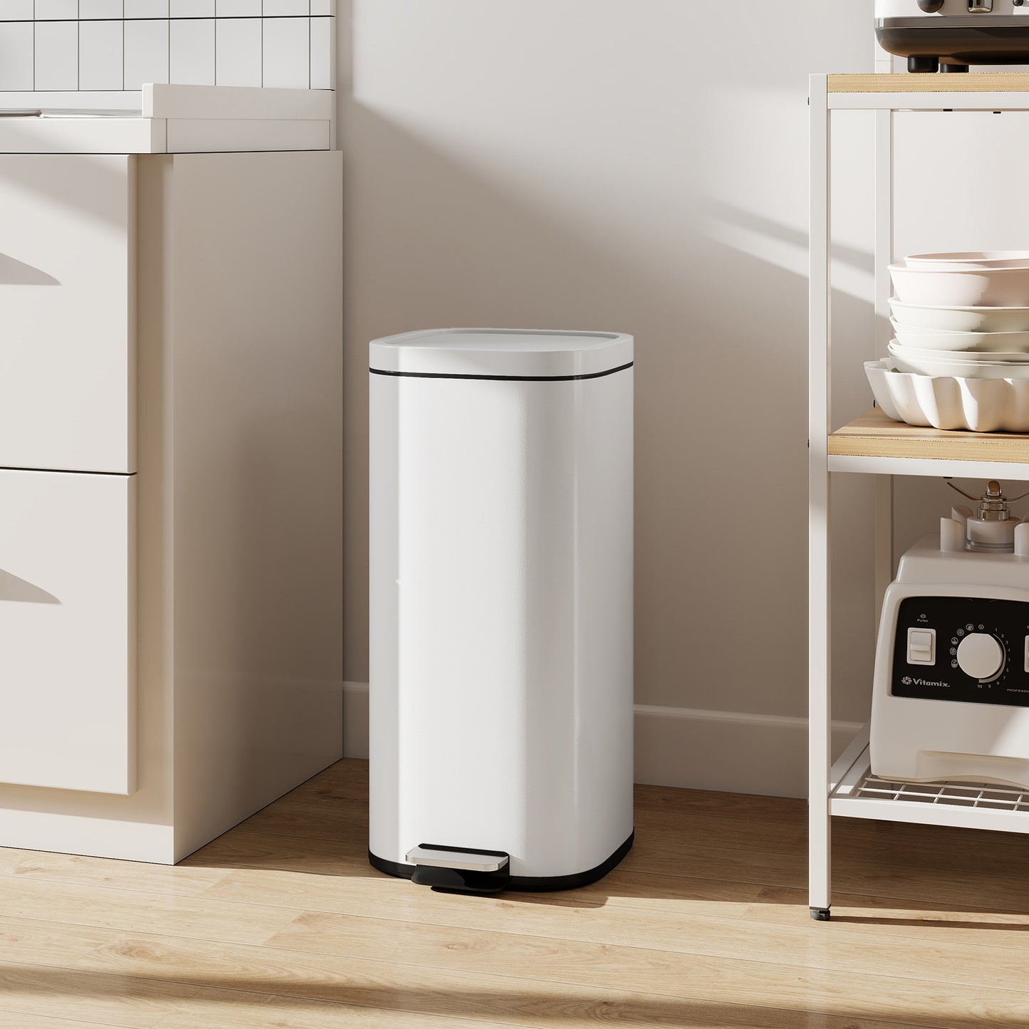 HOMCOM 30L Kitchen Bin, Compact Pedal Bin with Soft-Close and Stay-Open Lid, Removable Bucket for Kitchen, Home, Office, Cream