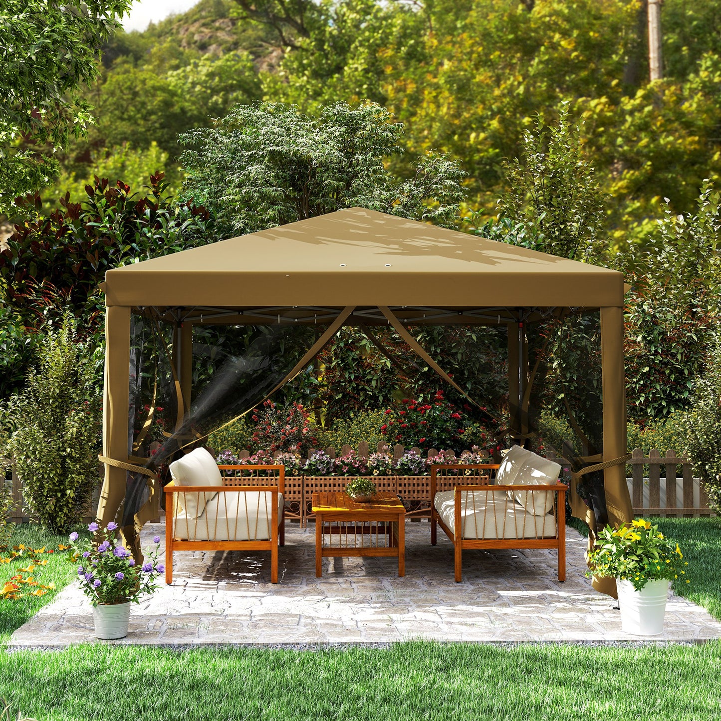 Outsunny 3 x 3Â m Pop Up Gazebo, 420D Garden Tent Canopy with Removable Mesh Sidewall Netting, Carry Bag for Garden Patio Outdoor, Khaki