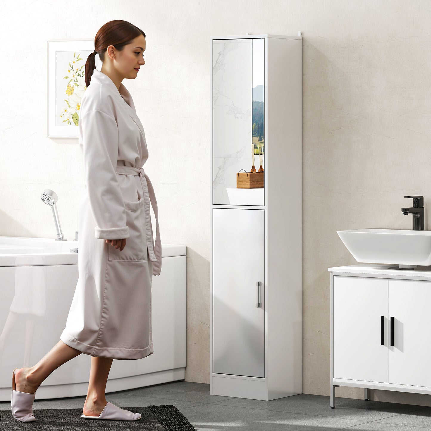 kleankin Tall Bathroom Cabinet with Mirror and Adjustable Shelf - High Gloss White