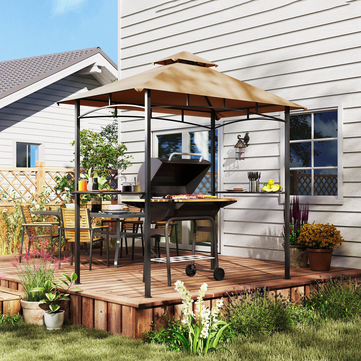 Outsunny 2.5x1.5m (8'x5') Grill Gazebo Canopy, Double Tiered Outdoor BBQ Gazebo Shelter with 2 Side Shelves for Garden, Patio, Barbecue, Picnic, Khaki