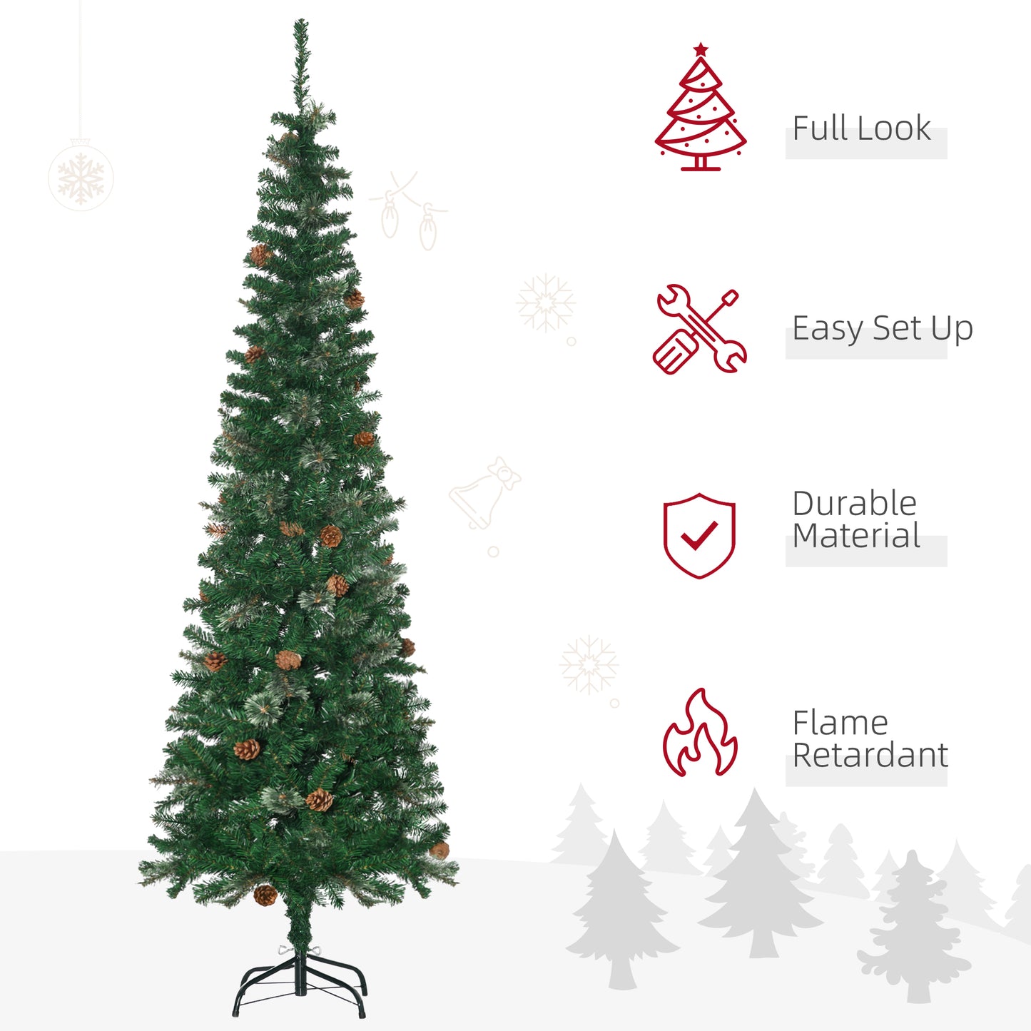 HOMCOM 6.5FT Tall Pencil Slim Artificial Christmas Tree with Realistic Branches, Tip Count and Pine Cones, Pine Needles Tree, Xmas Decoration, Green