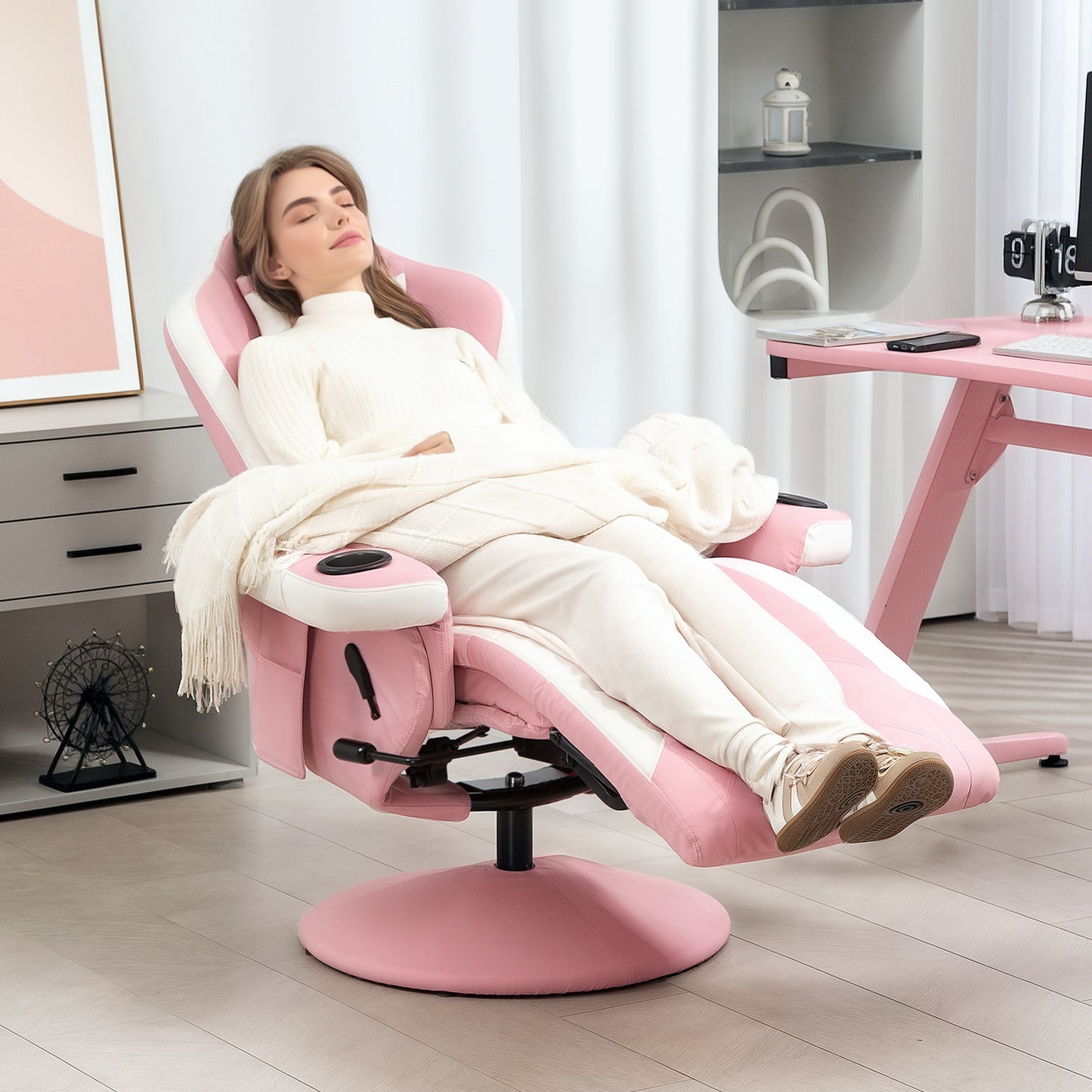 HOMCOM Manual Recliner Armchair PU Leather Lounge Chair w Adjustable Leg Rest, 135° Reclining Function, 360° Swivel, Pink