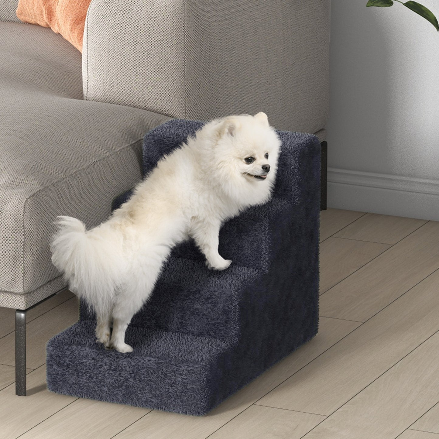 PawHut Four-Step Dog Stairs, with Washable Plush Cover, for High Bed Sofa, Dog Stairs for Small Dog and Cat - Dark Grey