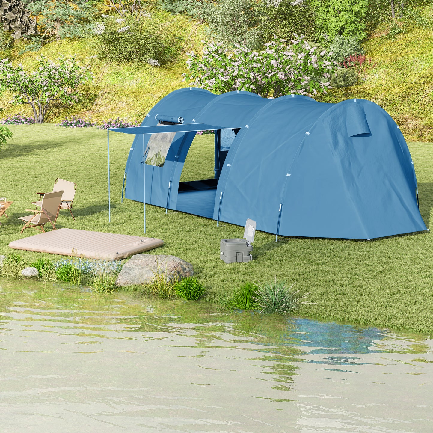 Outsunny 5-6 Man Camping Tent with 2 Room, Floor and Carry Bag - Blue