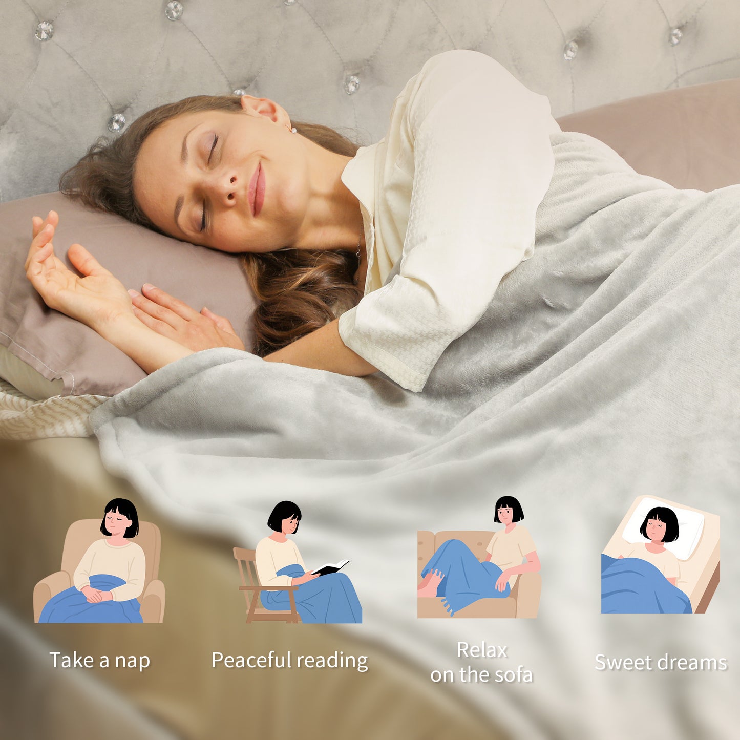 HOMCOM Heated Blanket 180 x 130cm, Electric Throw Blanket with 10 Heat Levels and 10H Timer, Machine Washable Flannel and Cotton Velvet with Overheat Protection, Grey