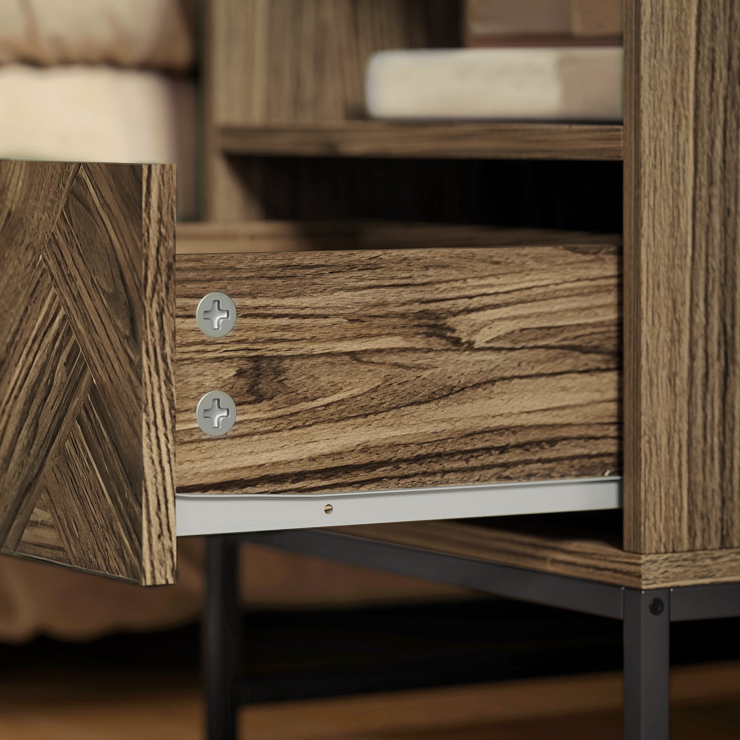 HOMCOM Bedside Table with Drawer and Shelf, Side End Table with Steel Legs for Living Room, Bedroom, Brown Wood Effect