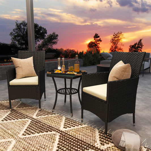Outsunny 3 Pieces Rattan Bistro Set, Wicker Garden Furniture Set with 2-Tier Coffee Table and Chairs, Cushions, for Outdoor Patio Balcony, Black