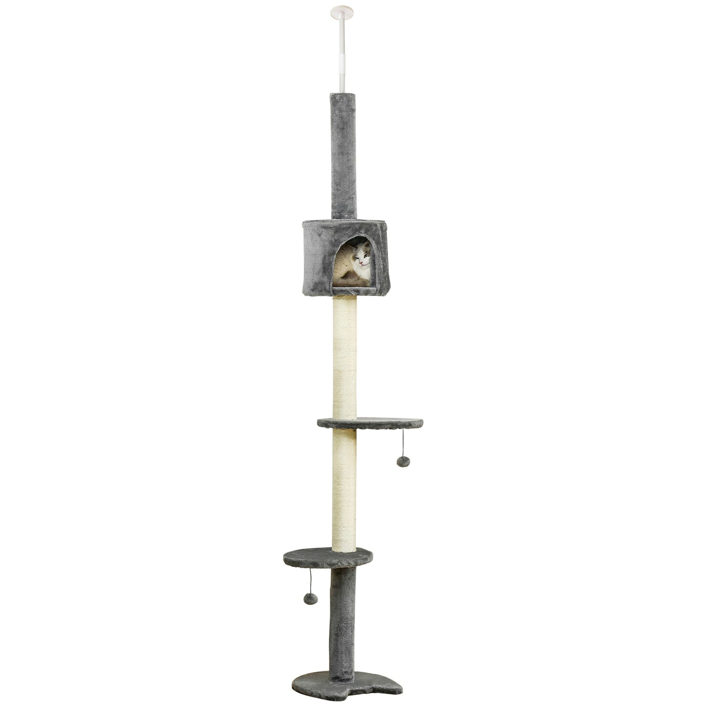 PawHut Floor to Ceiling Cat Tree for Indoor Cats, Kitten Tower, Condo, Multi-Layer Activity Center, Indoor Pet Play House with Solid Scratching Post Hanging Balls, Light Grey