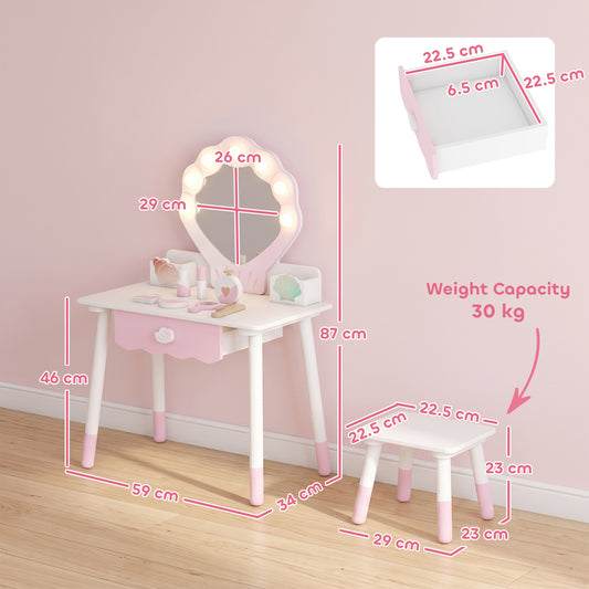AIYAPLAY Kids Vanity Set, Kids Dressing Table with Chair, Acrylic Mirror, Lighted Bulbs, 7-Piece Accessories, for 3-8 Years, Pink