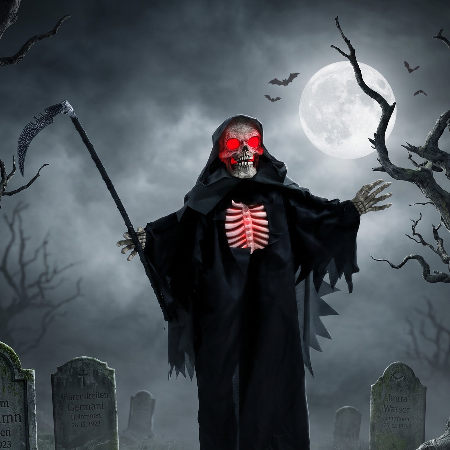 HOMCOM 170cm Life Size Animated Grim Reaper Halloween Decoration, Scary Halloween Animatronics Decor with Sound Touch Activated