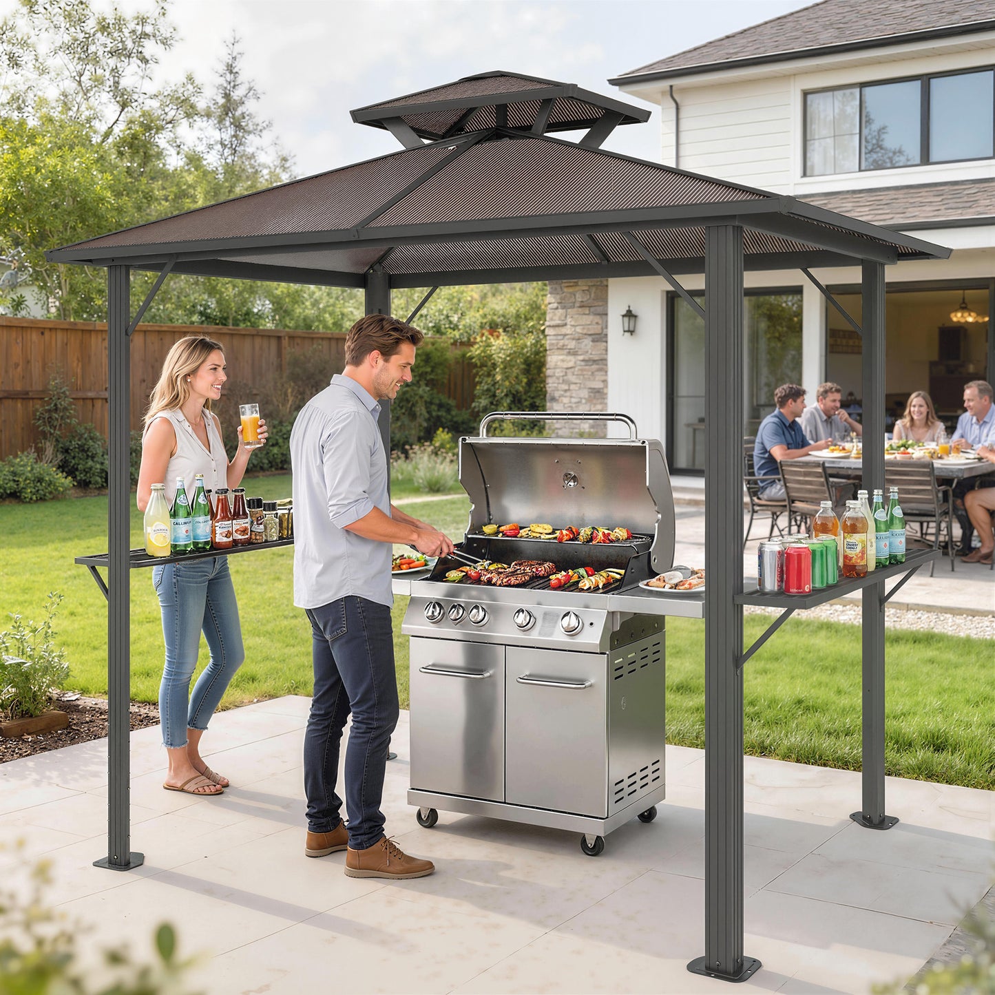 Outsunny 2.5 x 1.5 m Hardtop Grill Gazebo with Double Roof, Aluminium Outdoor BBQ Gazebo Shelter with 2 Side Shelves, Brown