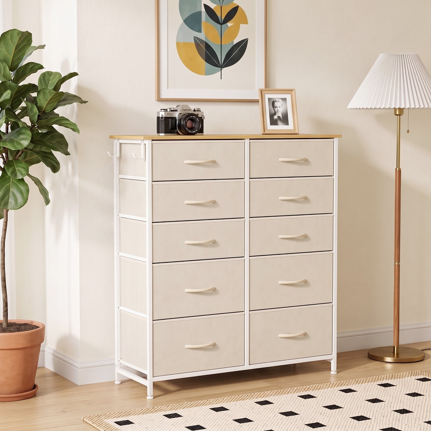 HOMCOM Chest of Drawers, Dresser with 10 Fabric Drawers, Tall Storage Unit with 4 Pockets and 2 Hooks Steel Frame, Beige